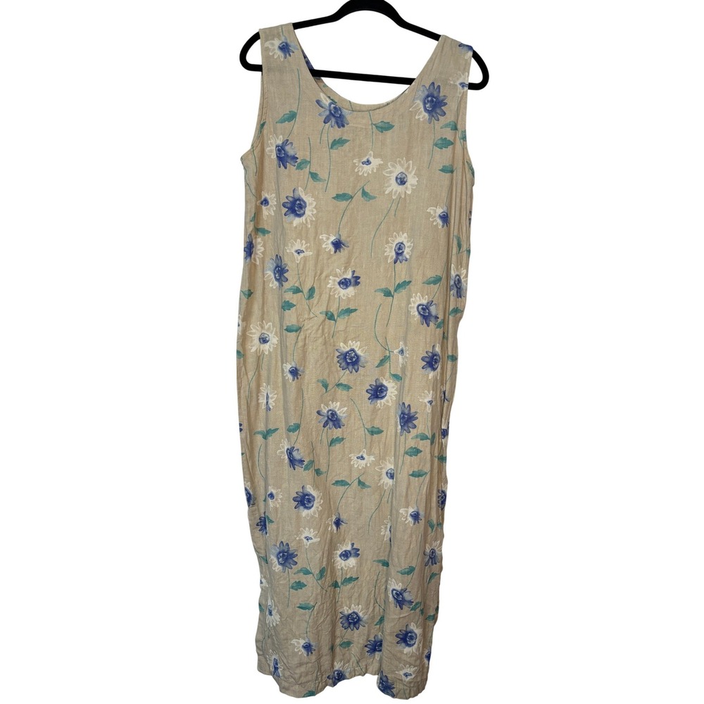 C.C. Collection Womens Blue Floral Linen Maxi Dress Garment Dyed Sleeveless M